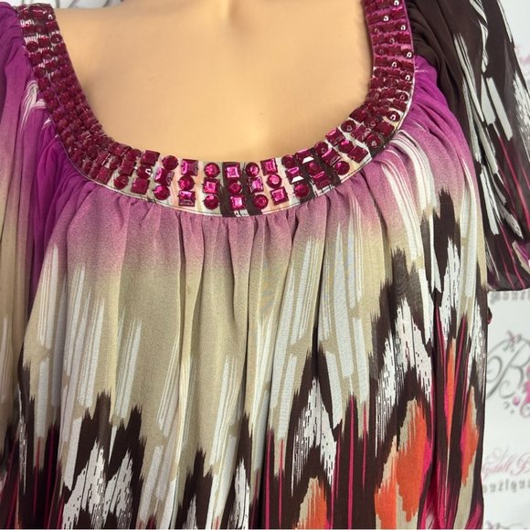 Bebe 100% silk top bling Jewel π rhinestone neckline boho ombrΓ© pattern bubble - Picture 2 of 16